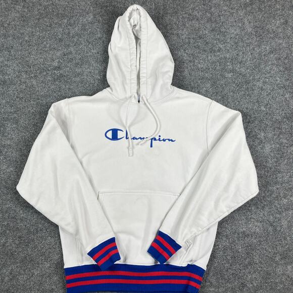 Champion Reverse Weave Hoodie Mens Medium White Blue Logo Striped Rib Vintage - Picture 1 of 10